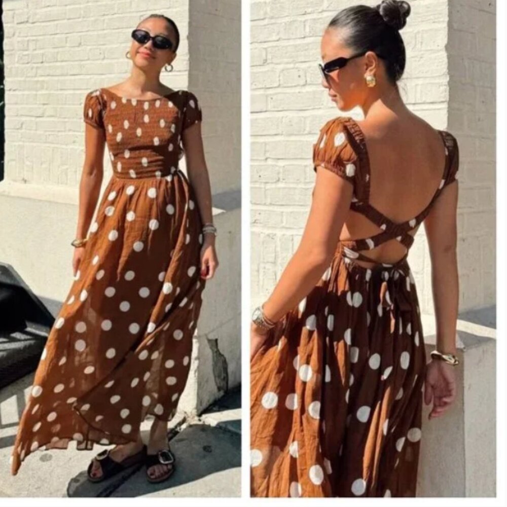 NEW Free People Ultraviolet Dress Polka Dot Maxi Cotton in Oak 4J2 266